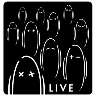 White abstract oval shaped faces on black background, every face features a different pair of eyes made of simple geometric shapes)