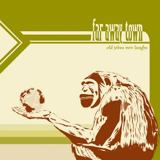 vector illustration of a monkey holding the earth in his human-like hand. yellow background, monkey in brown, green band name
