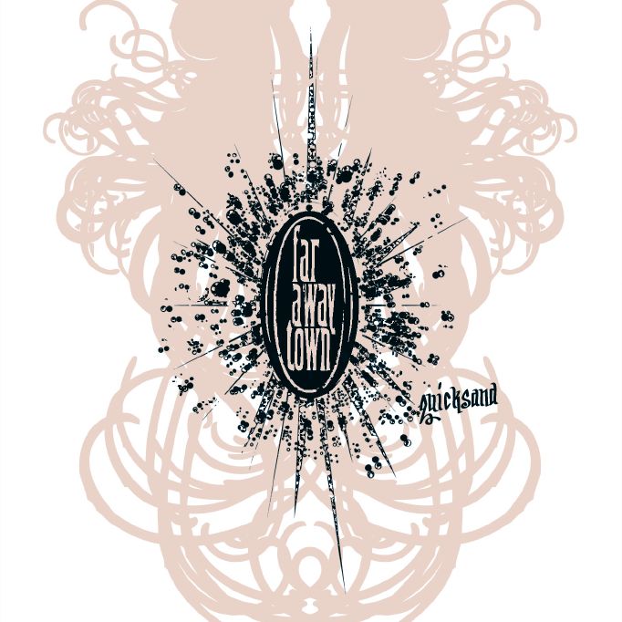 In the background, on white, a symmetrical shape of curly hair strains in soft desaturated pink. On top, in image center, a vertical oval shape in black with lettering saying far away town. Black shape is surrounded by rays and particles, also black, spreading from the center.