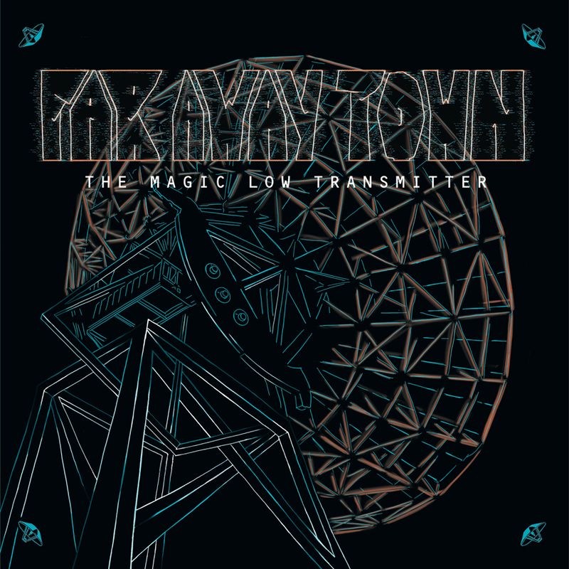 A drawing of huge parabolic radio antenna viewed from behind, ground level. Black background drawing is in bright teal and red. The structure on which the antenna sits features some physically impossible shapes and geometry.